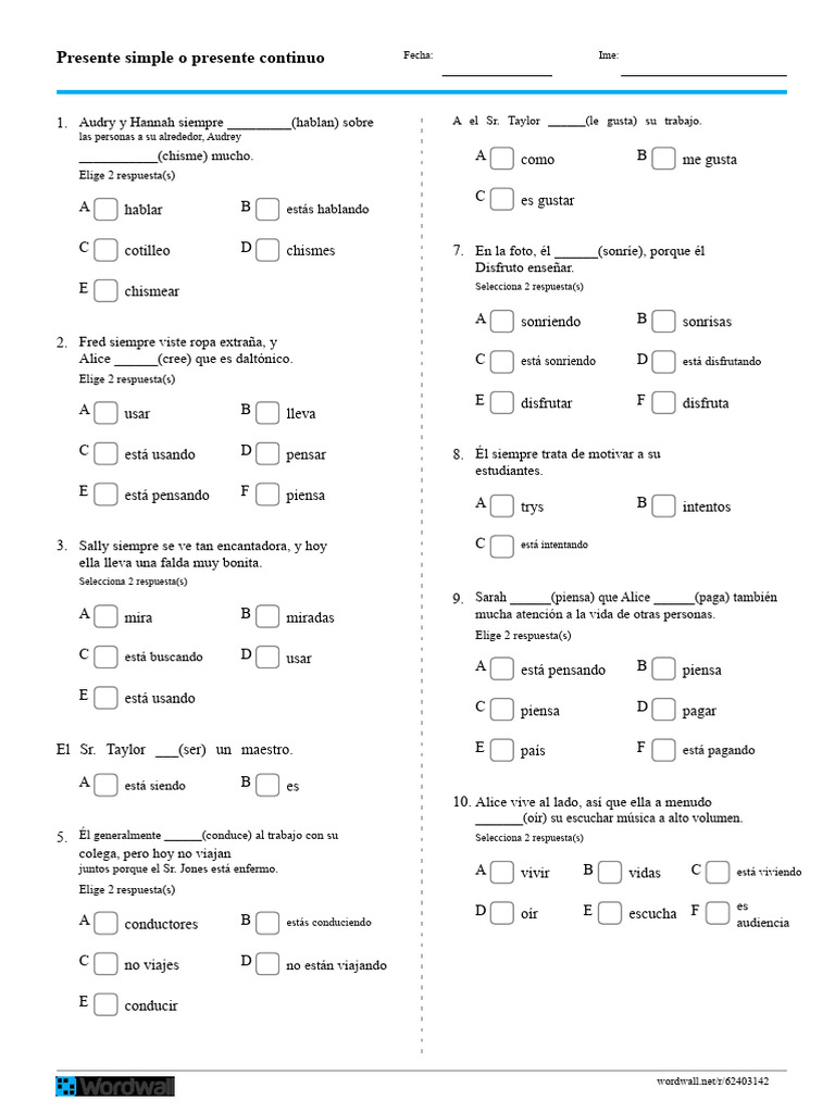 Ejercicios de Presente Simple y Continuo | PDF
