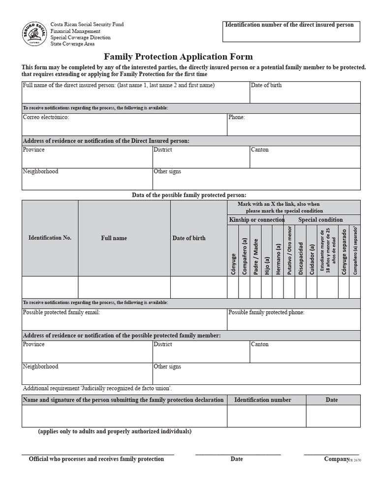Costa Rican Family Protection Application Form | PDF | Government