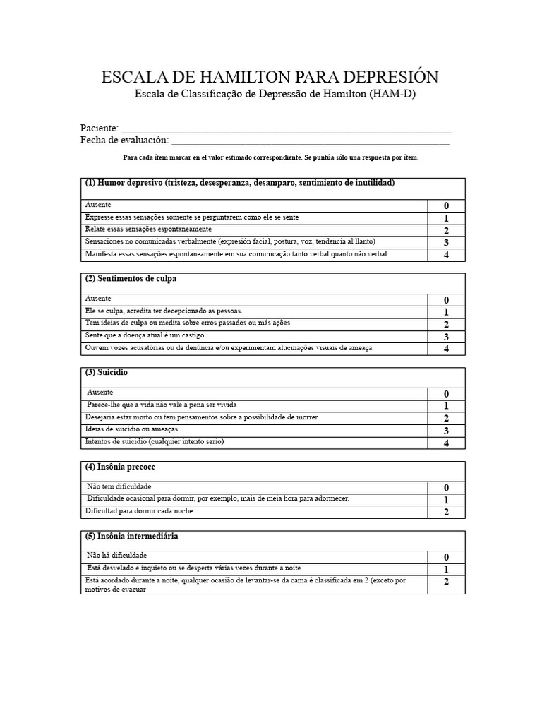 Escala de Hamilton para Depressão HAM-D | PDF | Depressão | Ansiedade