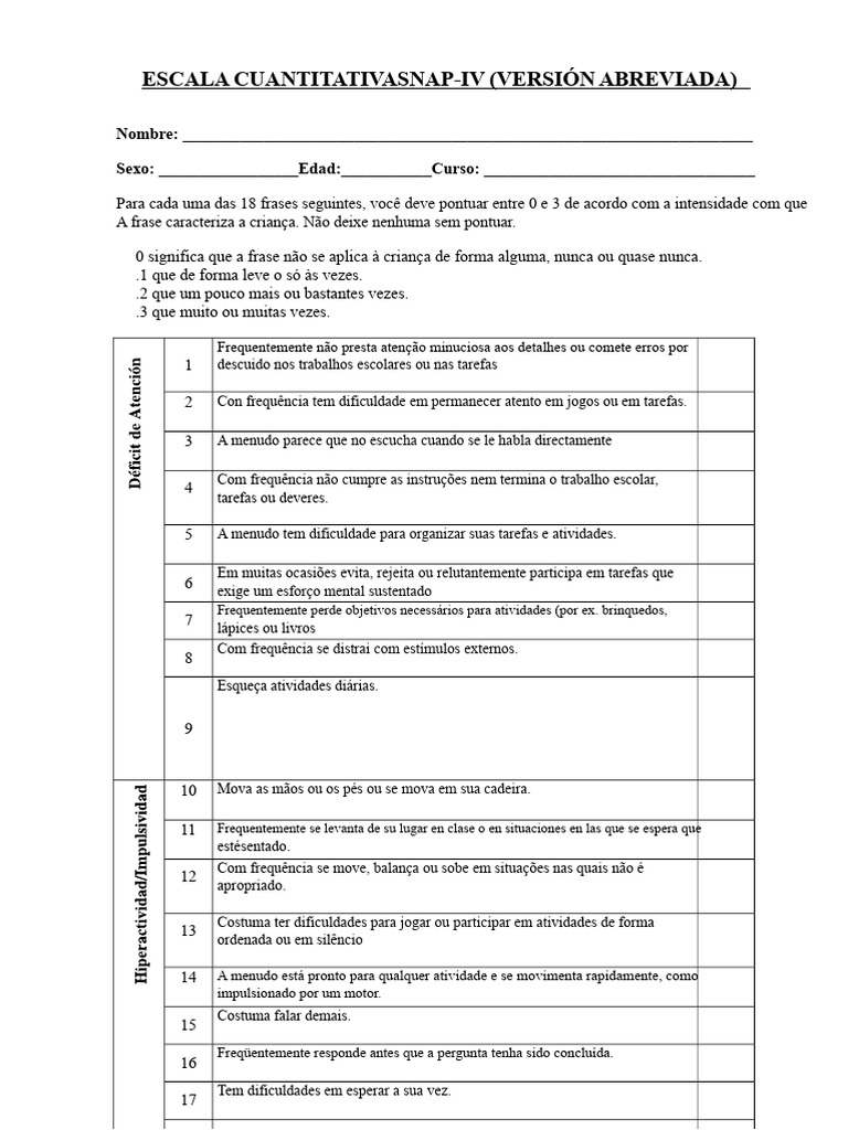 Avaliação SNAP-IV para Crianças | PDF