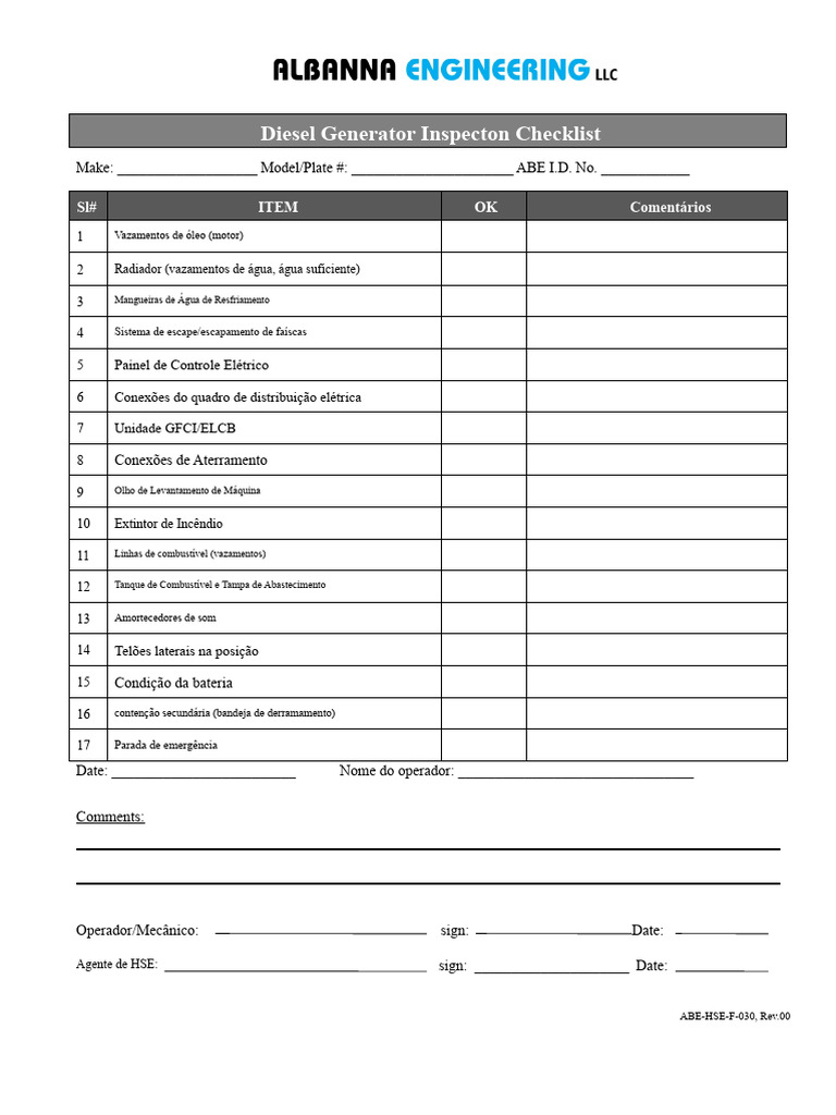Checklist de Inspeção de Gerador Diesel | PDF