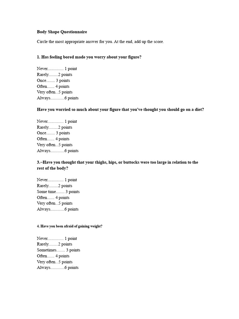 Body Shape Questionnaire Assessment | PDF | Questionnaire ...