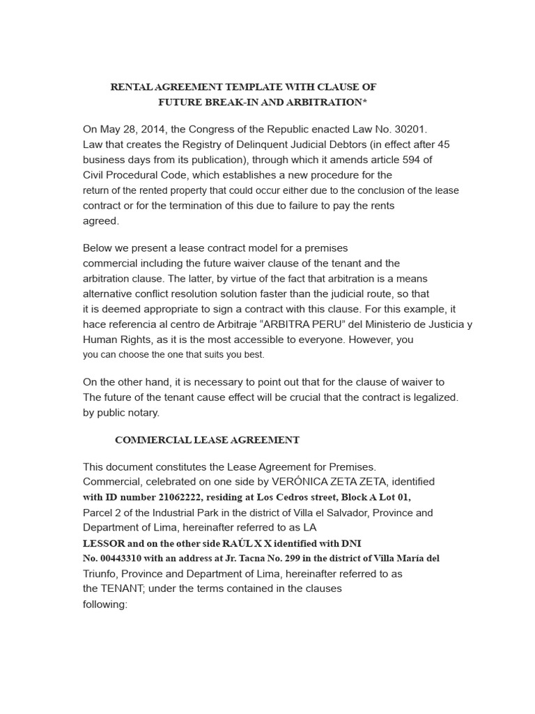 Rental Contract Model with Future Entry Clause and Arbitration | PDF ...