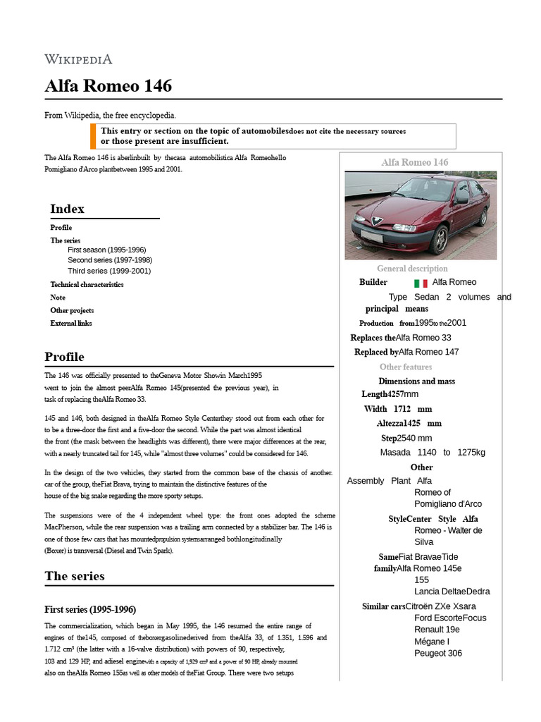 Alfa Romeo 146 Overview and Specs | PDF | Hatchbacks | Car Manufacturers