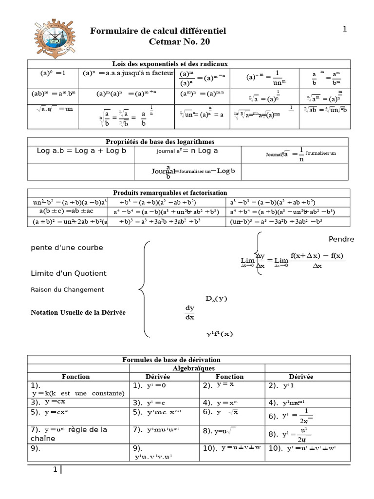 Formulaire de Calcul Différentiel | PDF | Analyse réelle | Nombre