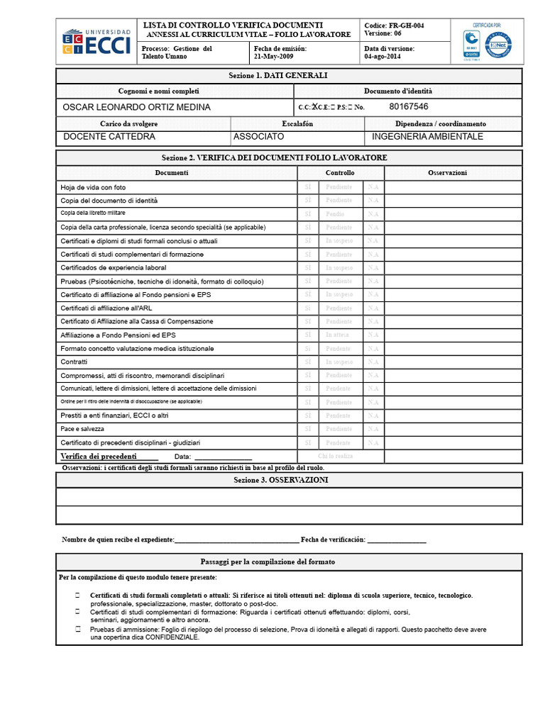 FORMAT Verifica Curriculum Vitae | PDF