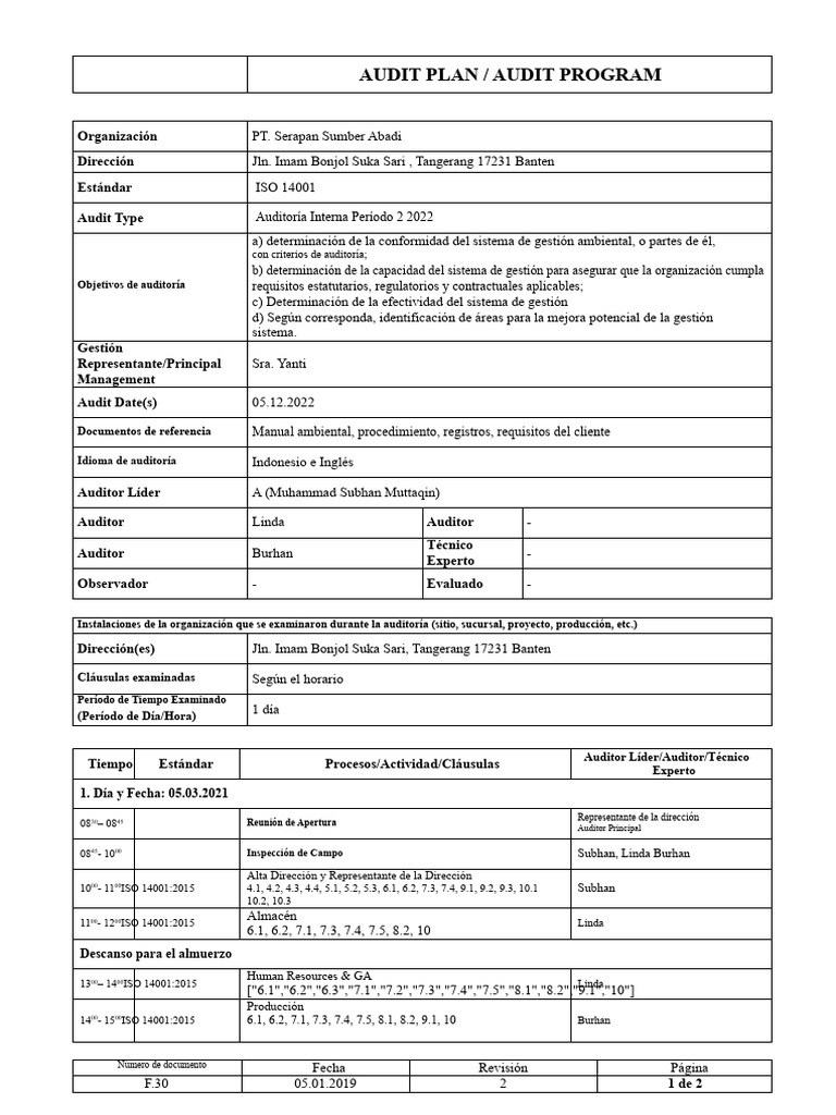 Plan de Auditoría ISO 14001:2022 | PDF | Auditoría | Contralor