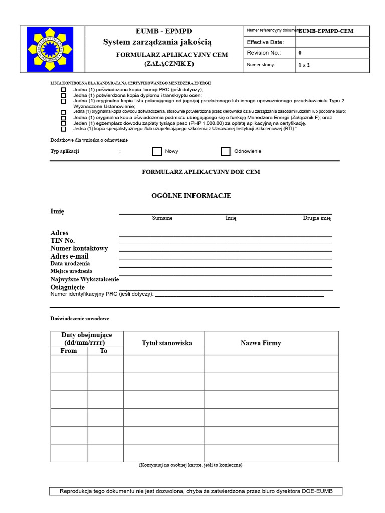 CEM Aneks E Formularz Aplikacyjny CEM | PDF