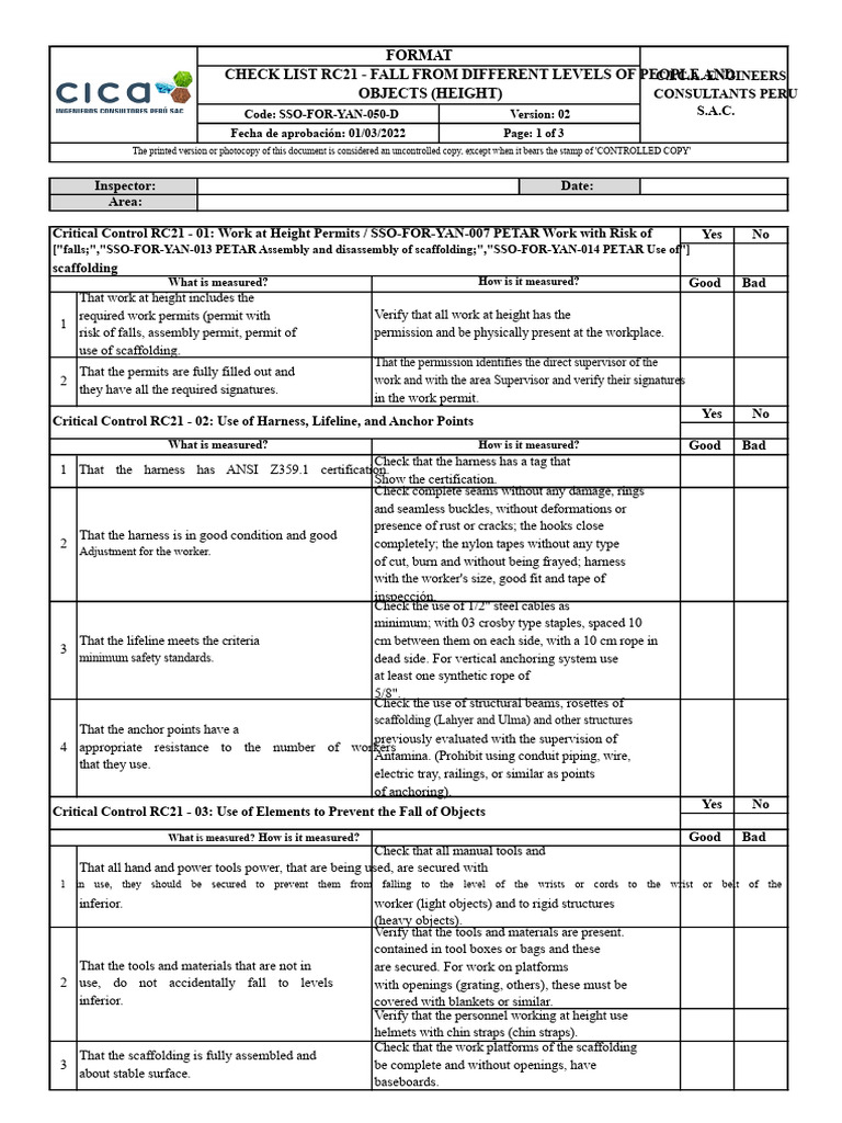 Fall Prevention Checklist for Work at Height | PDF | Equipment ...
