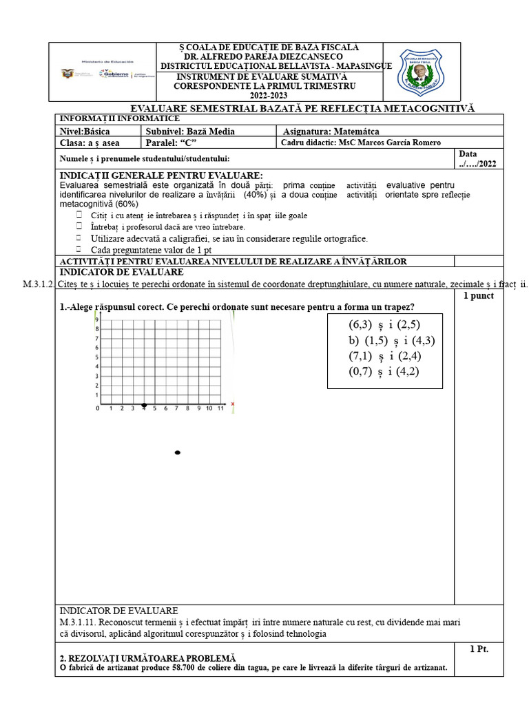 EVALUARE SEMESTRIAL BAZATĂ PE REFLECȚIA METACOGNITIVĂ A CADRELOR ...