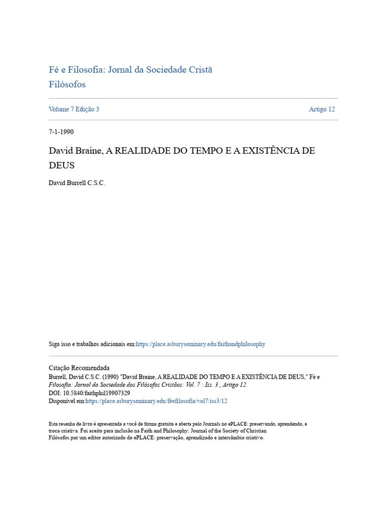 David Braine a Realidade do Tempo e a Existência de Deus | PDF