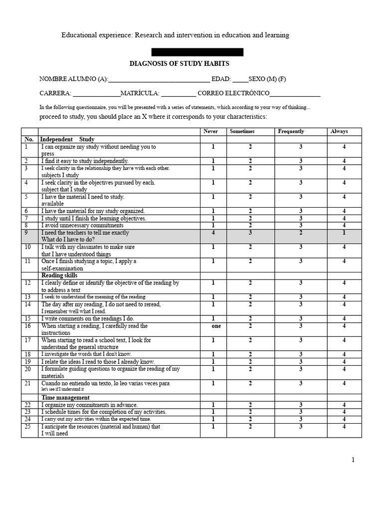 Study Habits Assessment Questionnaire | PDF | Learning | Cognition