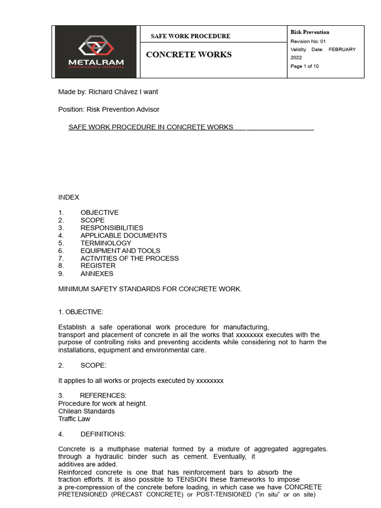 Safe Work Procedure for Concrete Works | PDF | Concrete | Truck