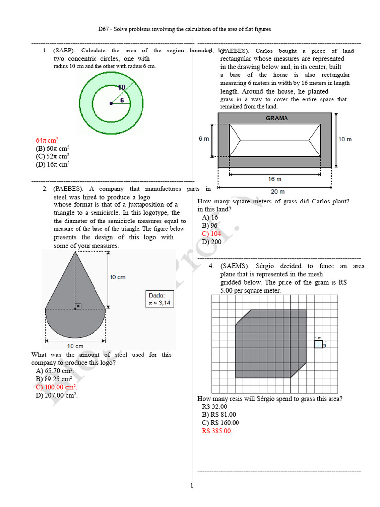 Area Calculation Problems for Geometry | PDF | Area | Euclidean Geometry