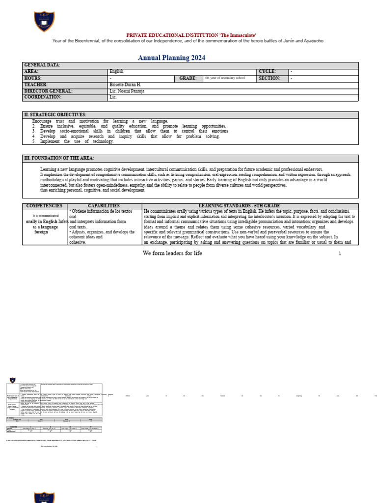 Annual Planning 2024 ENGLISH 4TH SEC. | PDF | Semantics | English Language