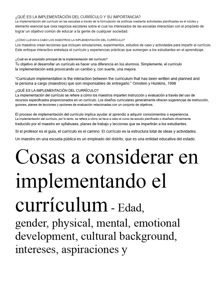 Importancia de la Implementación del Currículo | PDF | Plan de estudios ...