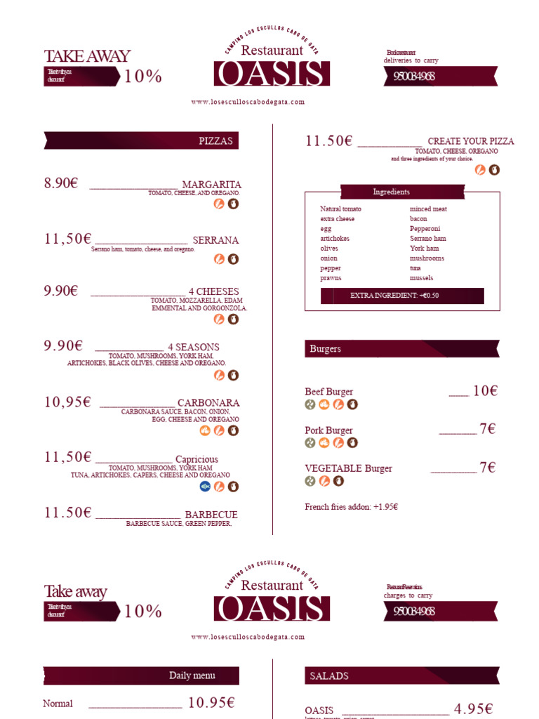 Restaurant Menu Oasis | PDF | Hamburgers | Pizza