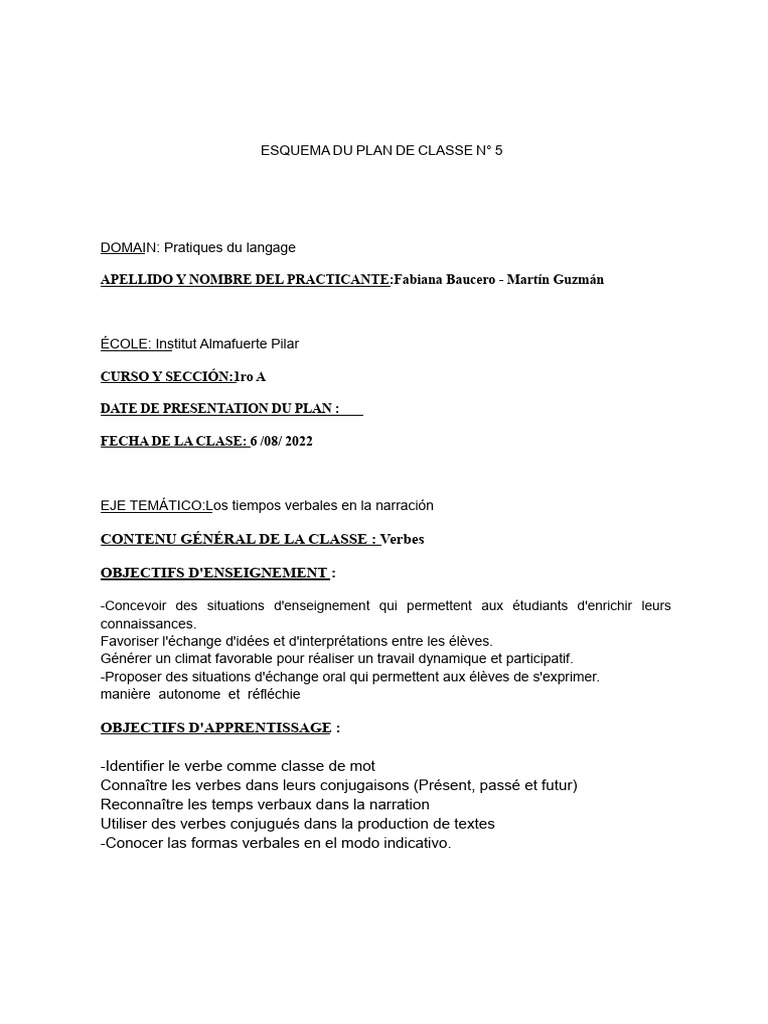 Plan de classe sur les verbes et temps verbaux | PDF | Verbe | Conjugaison