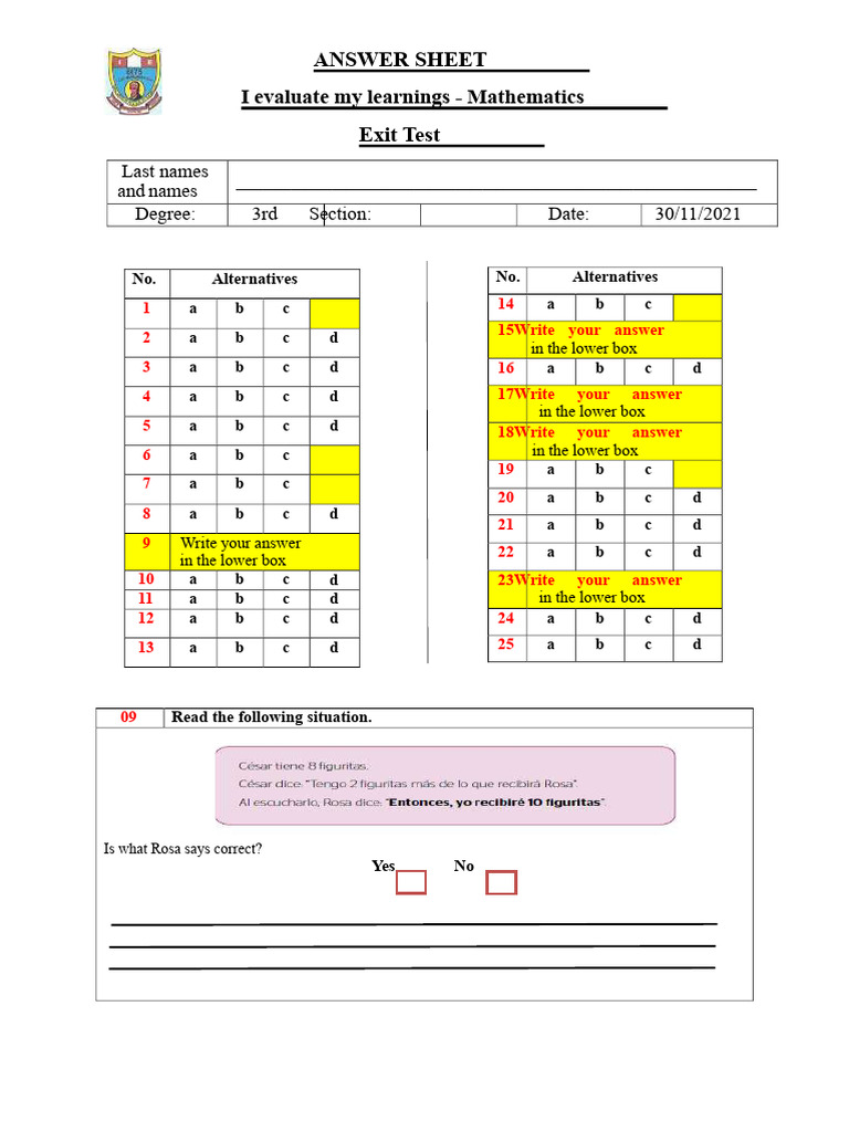 Answer Sheet - Mathematics Third Grade | PDF | Shape | Mathematics