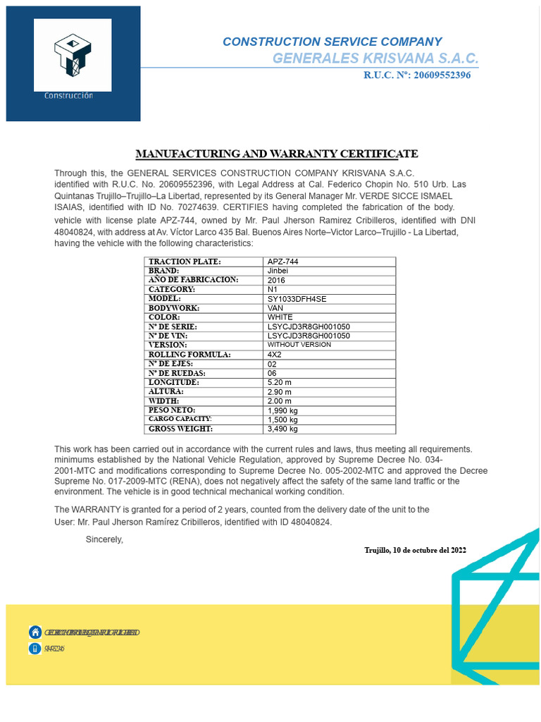 Vehicle Manufacturing Warranty Certificate | PDF | Motor Vehicle ...