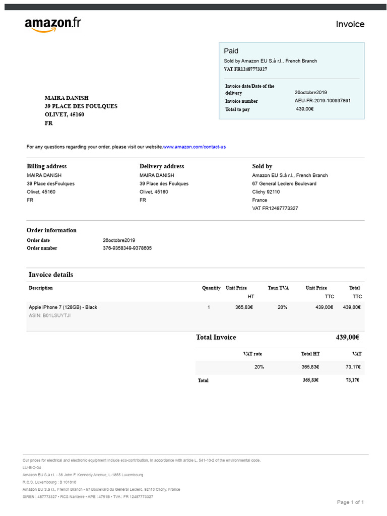 Amazon Invoice for iPhone Purchase | PDF | Invoice