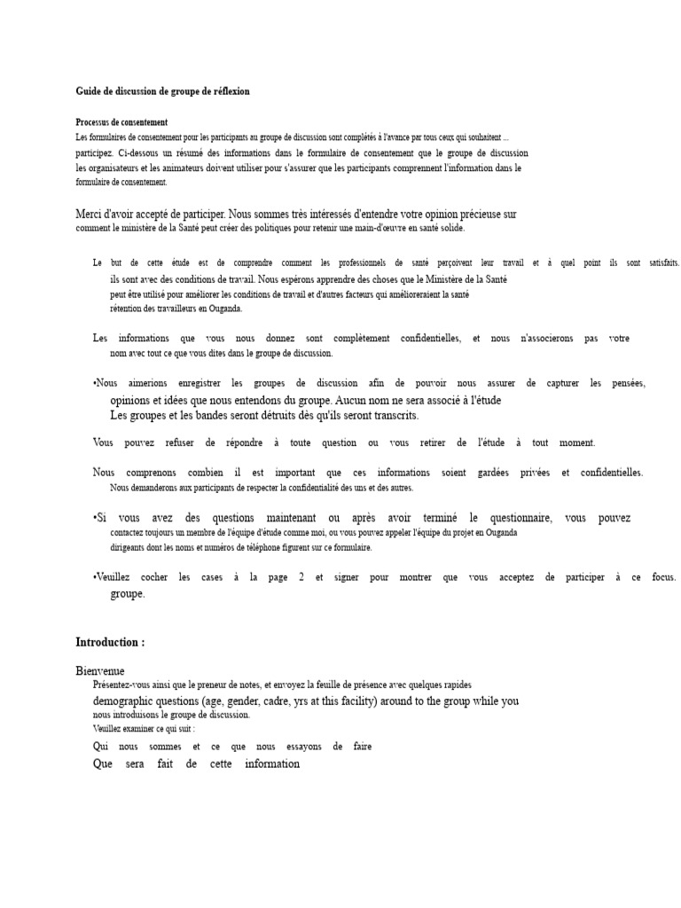 Guide de Discussion Pour Le Groupe de Discussion | PDF