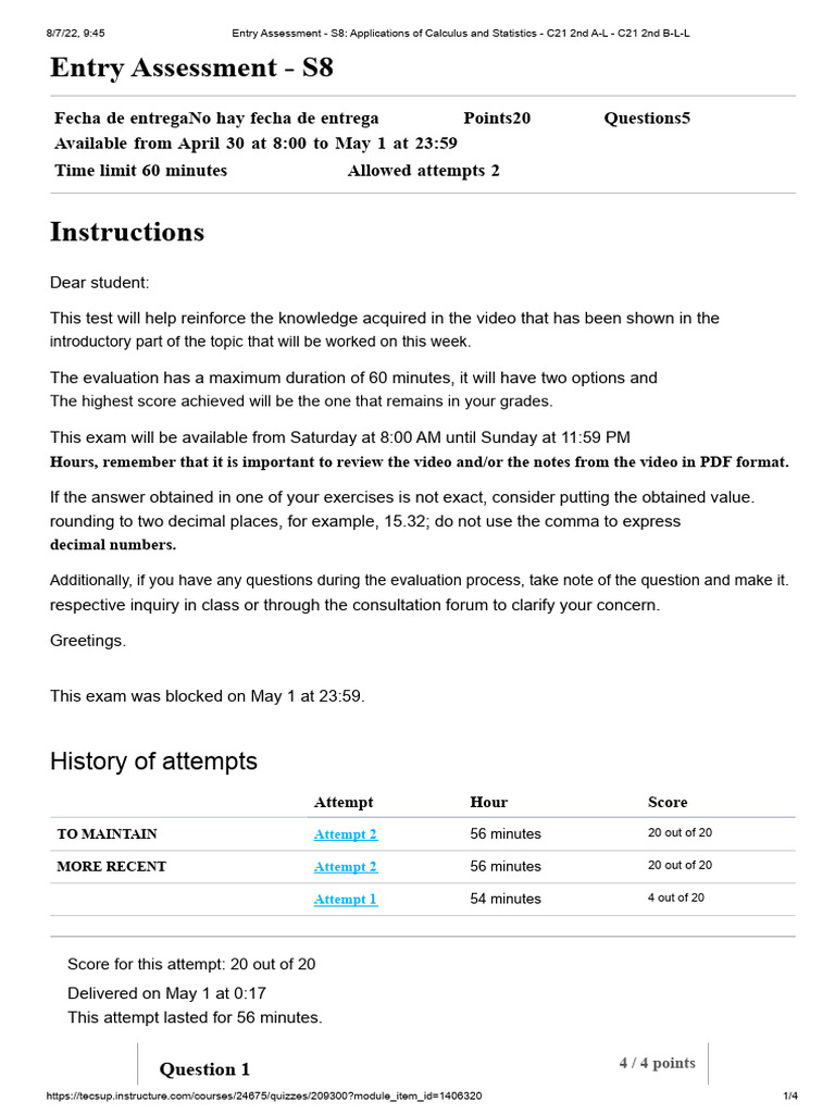 Entry Assessment - S8 - Applications of Calculus and Statistics - C21 ...