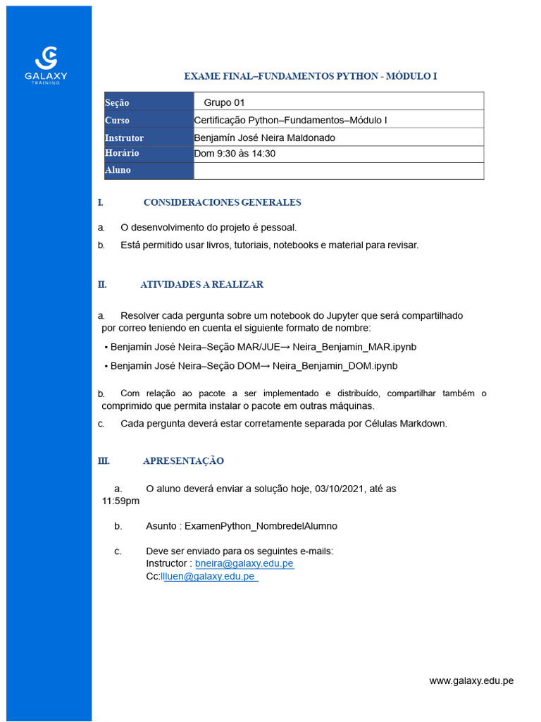 Exame Final Python Módulo I: Instruções | PDF | Parâmetro (programação ...