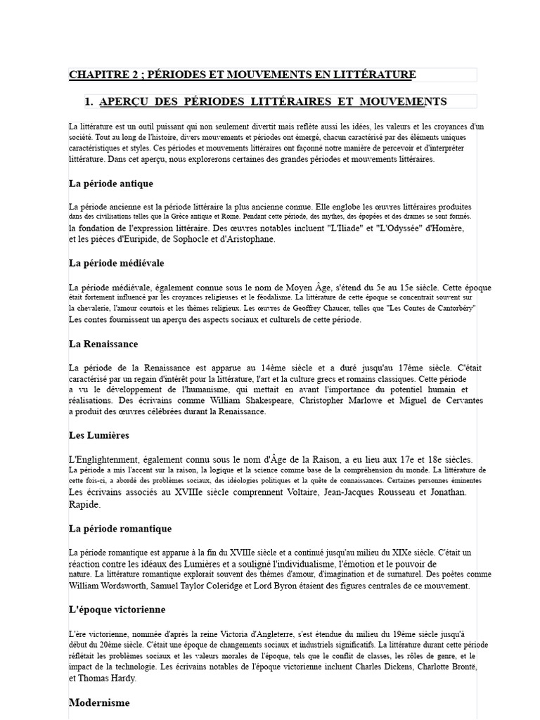 Périodes et mouvements littéraires clés | PDF | Poésie épique | Romantisme