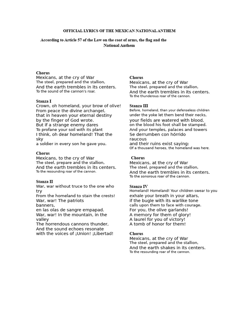 Official Lyrics of Mexican Anthem | PDF