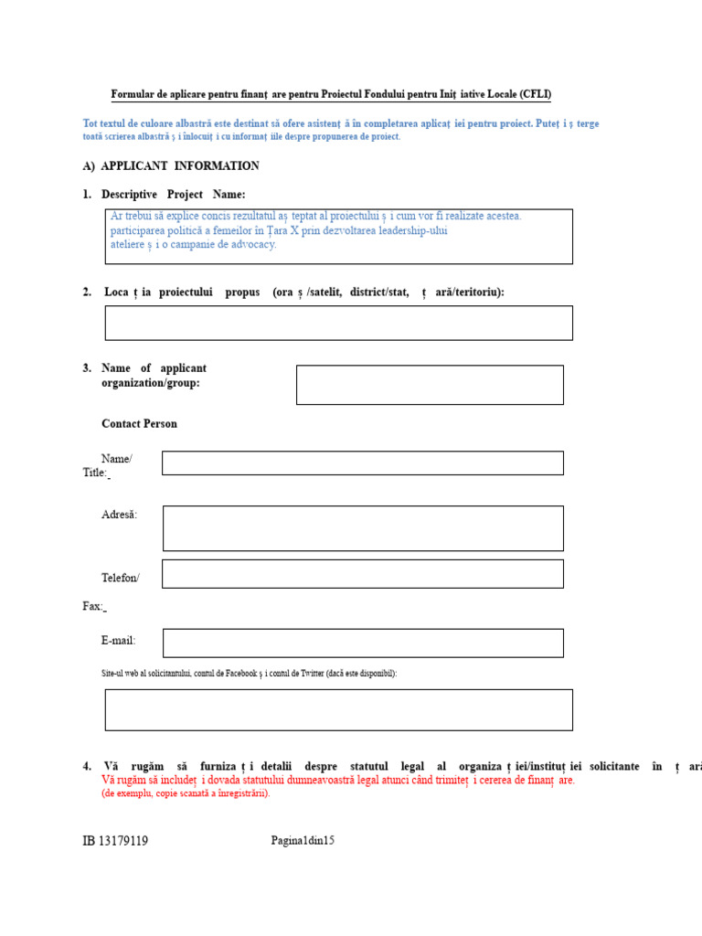 Formular de Solicitare de Finanțare Pentru Proiectul Cfli | PDF