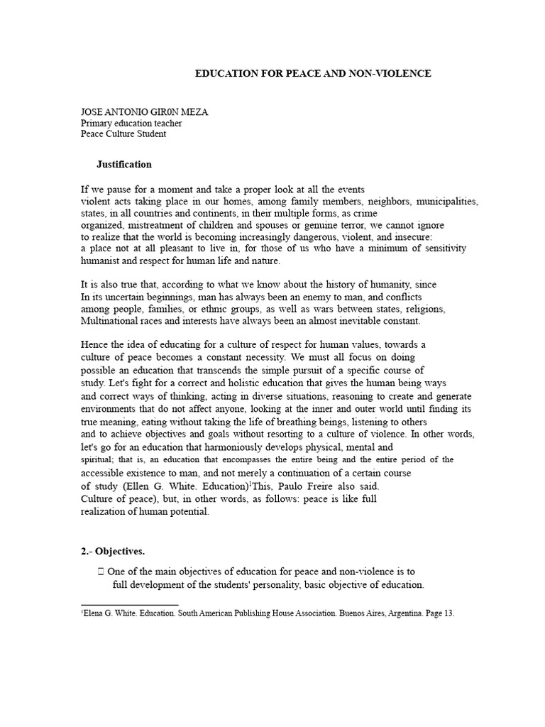 Essay On Education For Peace and Non-Violence | PDF | Peace | Nonviolence