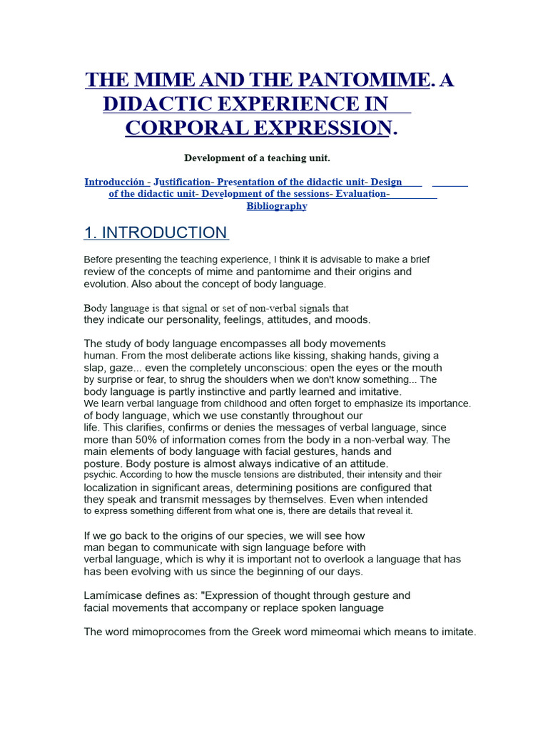The Mime and Pantomime Complete Didactic Unit of Body Expression | PDF ...