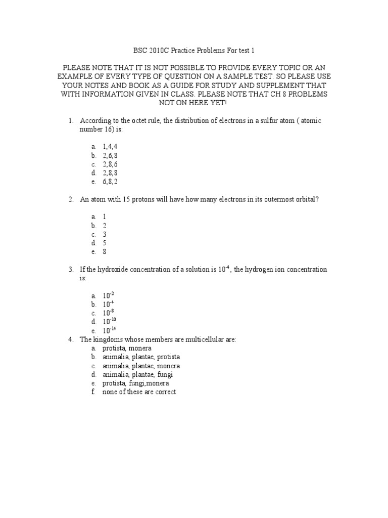 BSC 2010C Exam 1 Practice Problems | PDF | Biomolecular Structure ...
