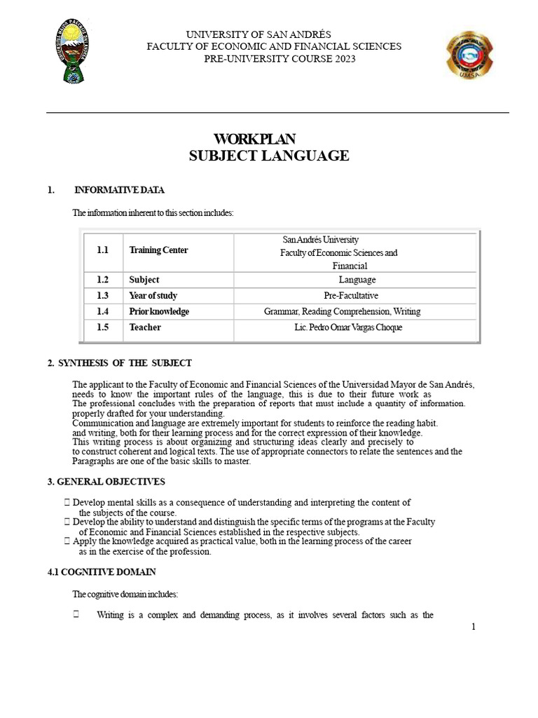 Work Plan Subject Language | PDF | Noun | Linguistics