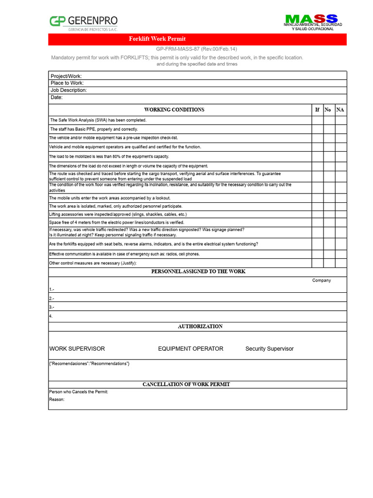Gp-Frm-Mass-87 Forklift Work Permit | PDF | Forklift | Traffic