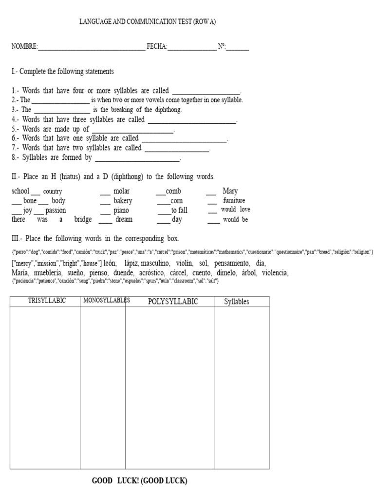 Syllable Test | PDF | Syllable | Word