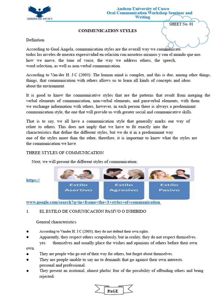 Sheet 01 Communication Styles | PDF | Communication | Nonverbal ...