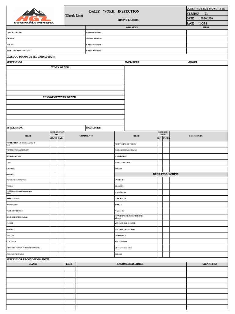 Daily Mining Work Inspection Checklist | PDF | Risk | Occupational ...