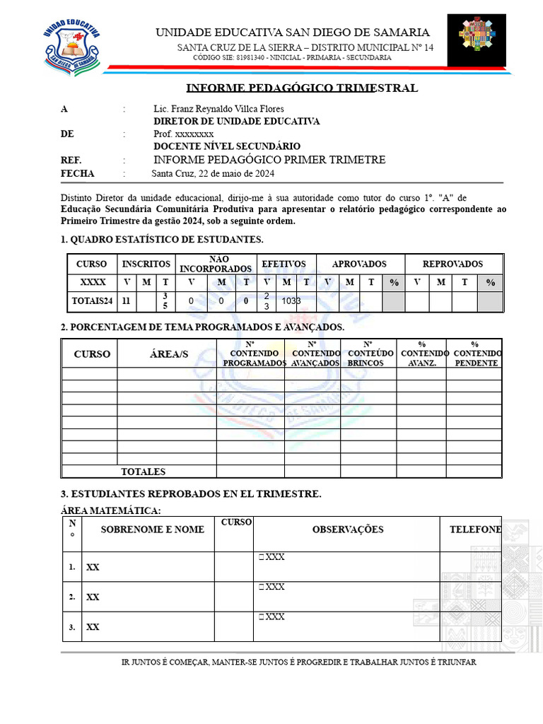 Informe Pedagógico 1º Trimestre 2024 | PDF | Ensino médio