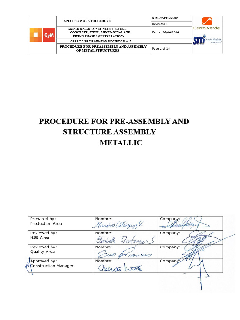 Procedure For Pre-Assembly and Structure Assembly Metallic | PDF ...