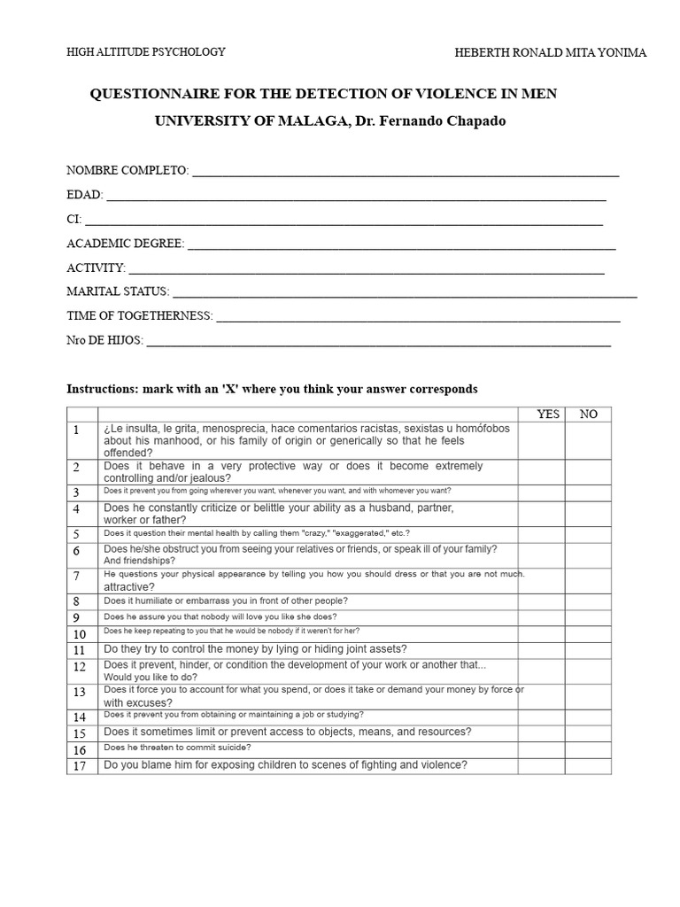 Questionnaire for Detecting Male Violence | PDF | Violence | Aggression