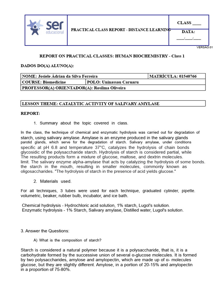 REPORT OF PRACTICAL CLASSES EAD 2021 - Human Biochemistry - CLASS 1 ...