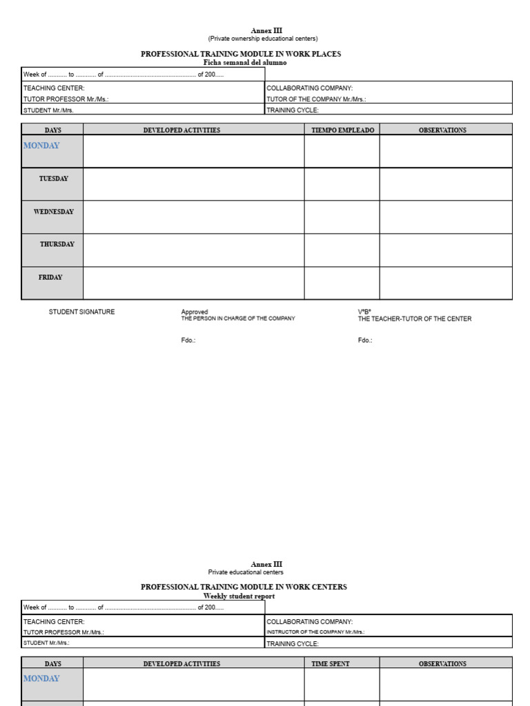 Weekly Student Training Report Template | PDF