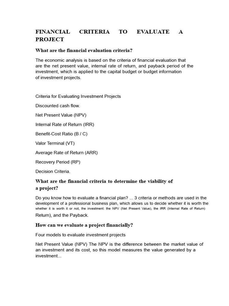 Financial Criteria for Project Evaluation | PDF | Net Present Value ...