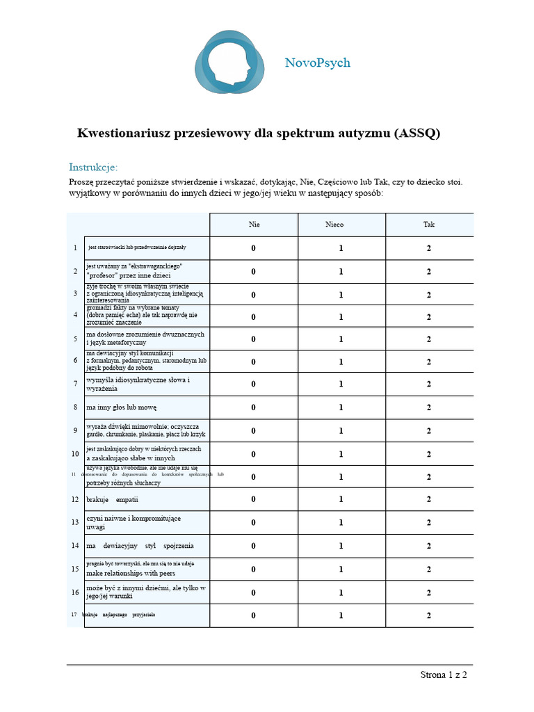 Kwestionariusz Przesiewowy Dla Spektrum Autyzmu - ASSQ PDF | PDF