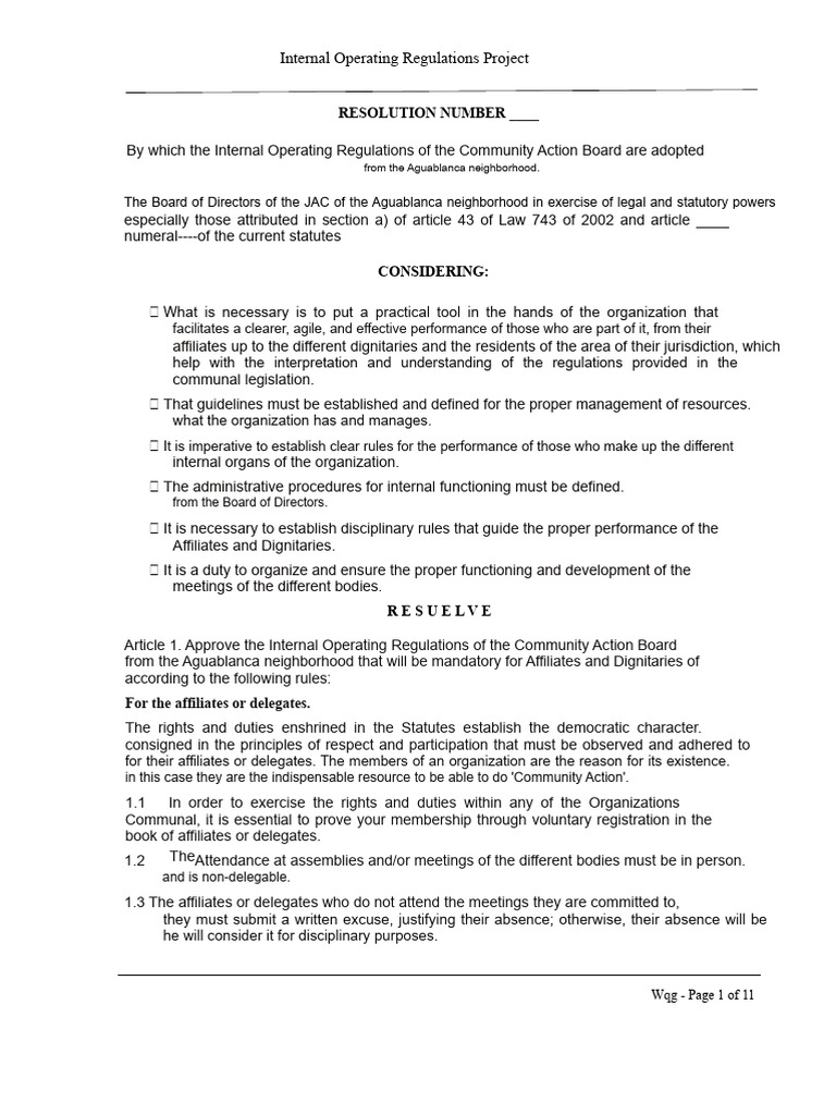 Aguablanca Community Action Regulations | PDF | Property | Board Of ...