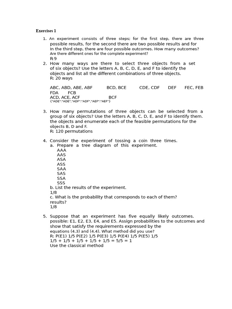 Probability and Combinatorial Exercises | PDF | Odds | Sampling ...