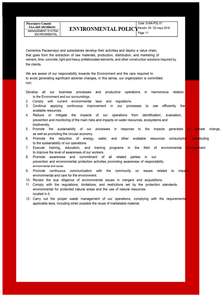 Pacasmayo Cement Environmental Policy | PDF | Sustainability ...