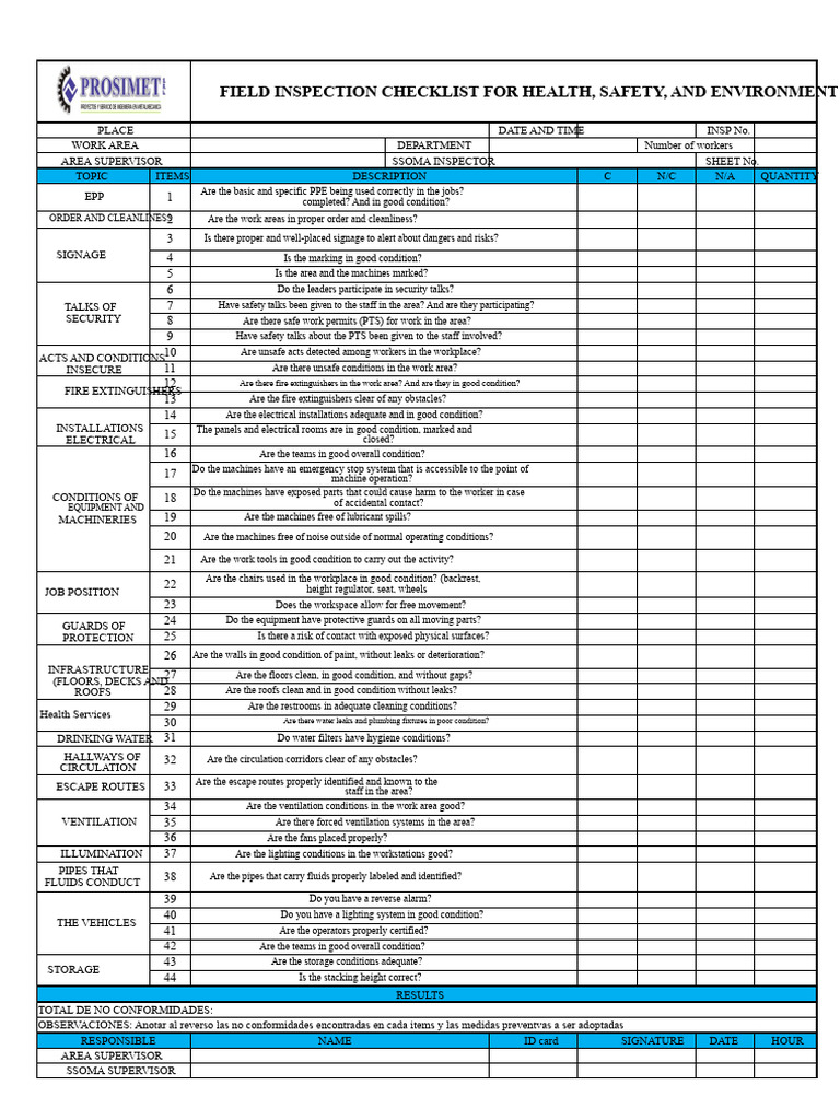Health and Safety Field Inspection Checklist | PDF | Personal ...